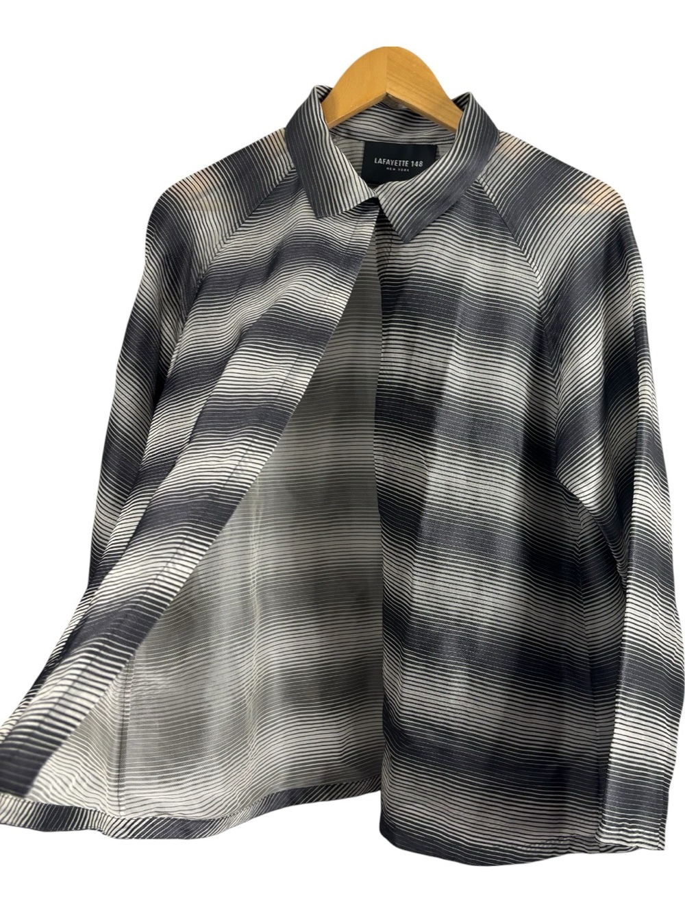 Lafayette 148 Silk Organza Semi Sheer Topper Blouse Multi Black Gray Top Size M